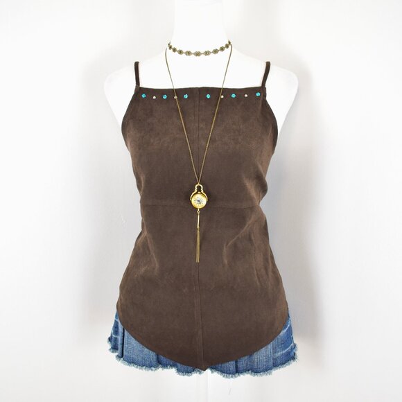 VTG 00s Y2K Wrapper Brown Faux Suede Jeweled & Studded Cami Top Sz Junior's 5/6 - Picture 1 of 7